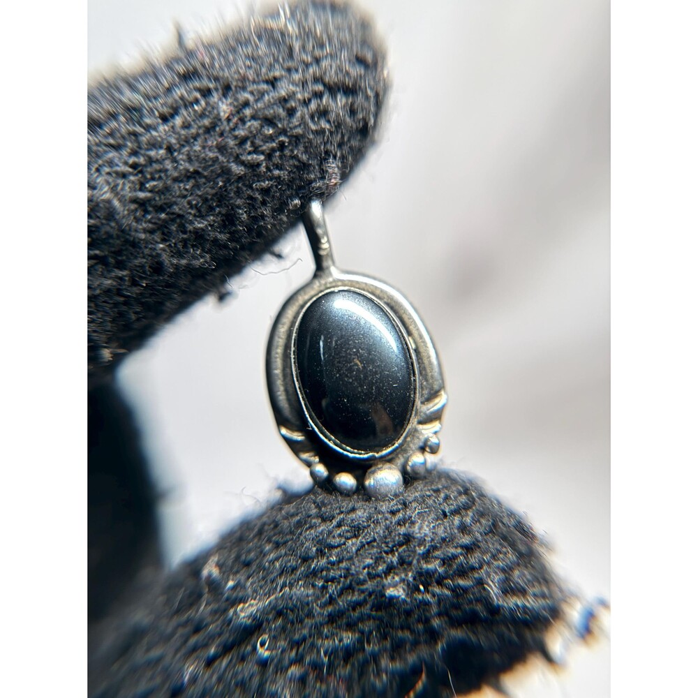 Sterling Silver Hematite Pendant STER Oval Cabochon Vintage Style 1”